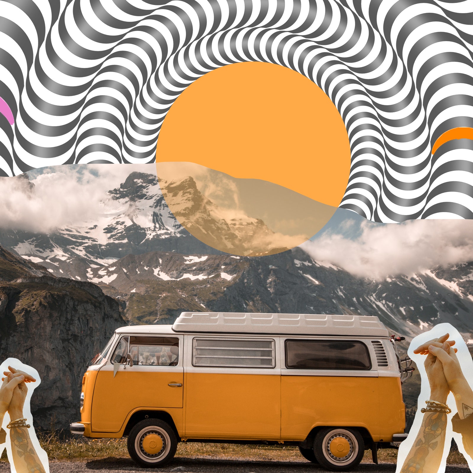 collage. van. sun. colorful. weed. cannabis. drink. pour. hands. glass. mountain