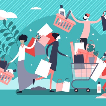 Shopping madness crowd flat tiny persons concept vector illustration. Black Friday or better sale offer increasing sales...